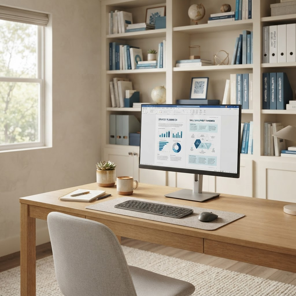 A clean, professional home office desk setup representing remote work and structured learning.
