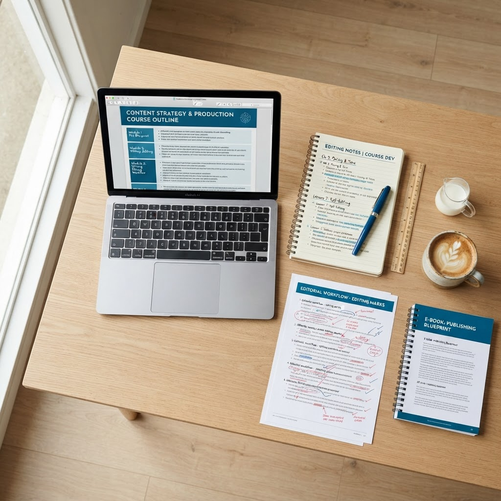 An organized editorial workspace showing structured course and e-book production materials: outlines, formatted pages, editing notes.
