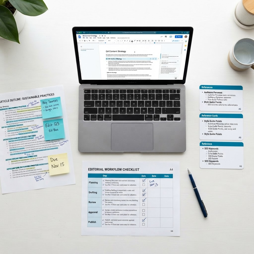 An organised editorial workflow showing printed outlines, formatted drafts, reference cards, and editing notes arranged on a desk.